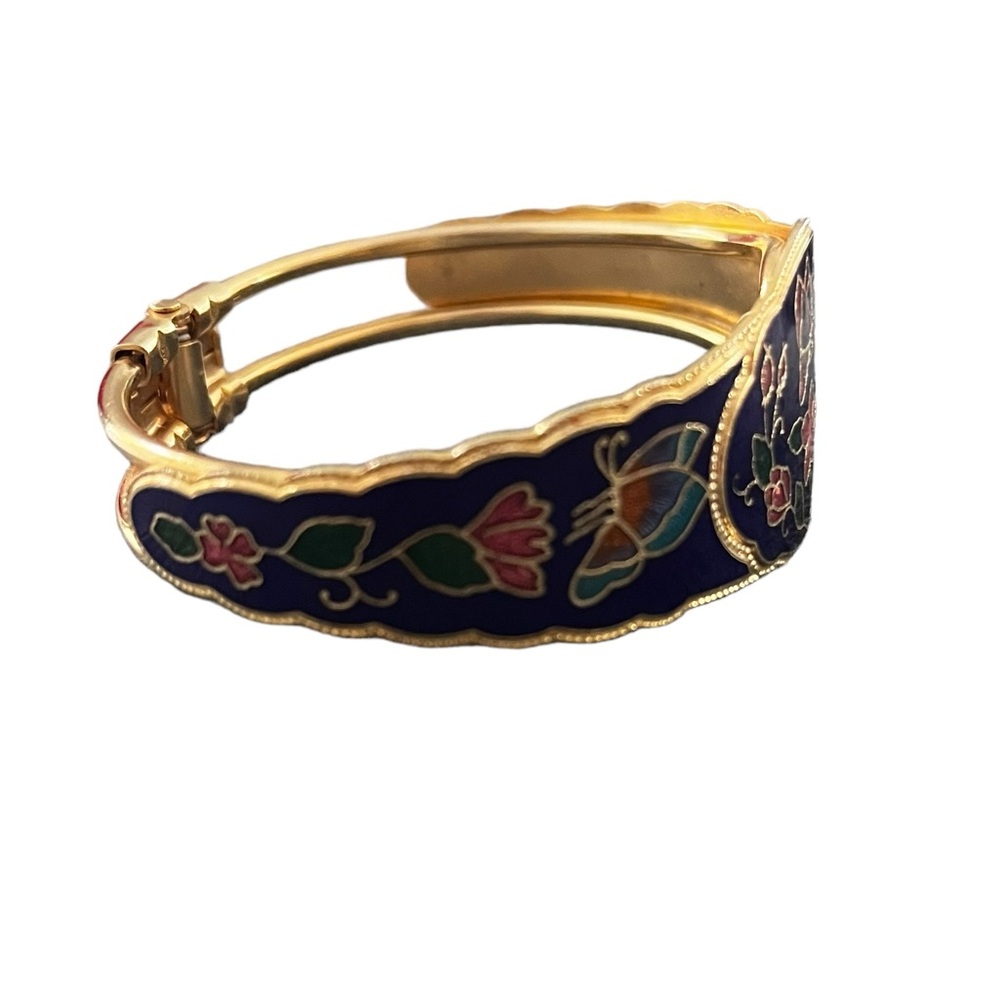 Vtg Enamel Flower Butterfly Multicolor Cloisonné Gold Tone Bracelet Cuff Bangle - Picture 11 of 12